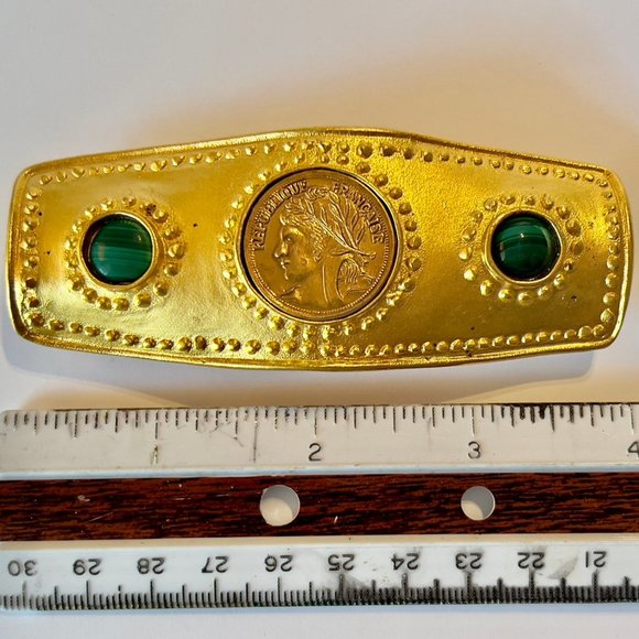 Vintage Faux Gold and Malachite Embellished Barrette With French Coin main image 5